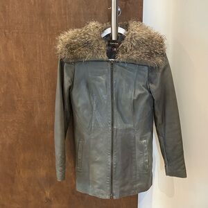 Danier Gray Leather Jacket with Fur Collar